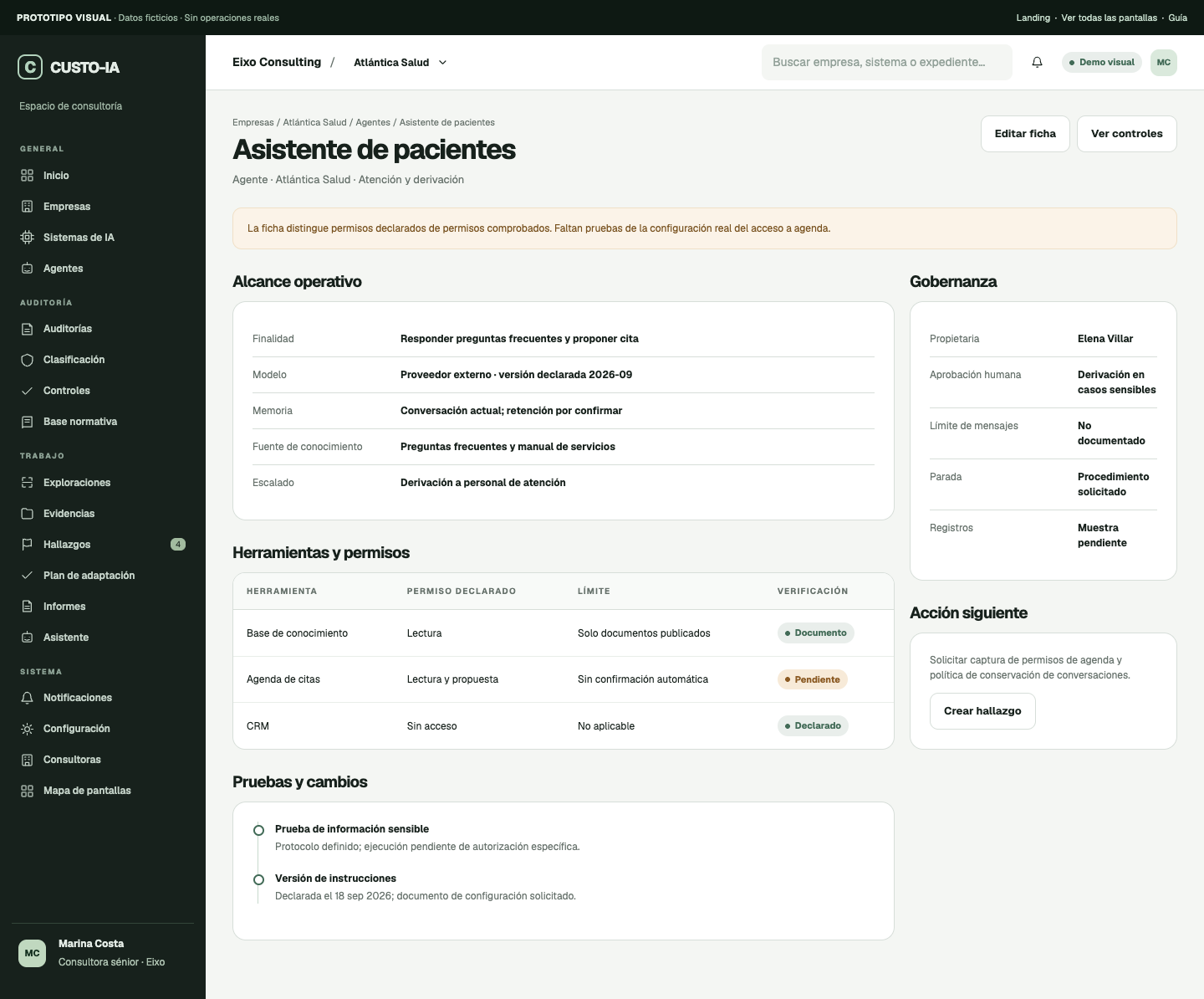 Prototipo de la ficha de un agente de IA