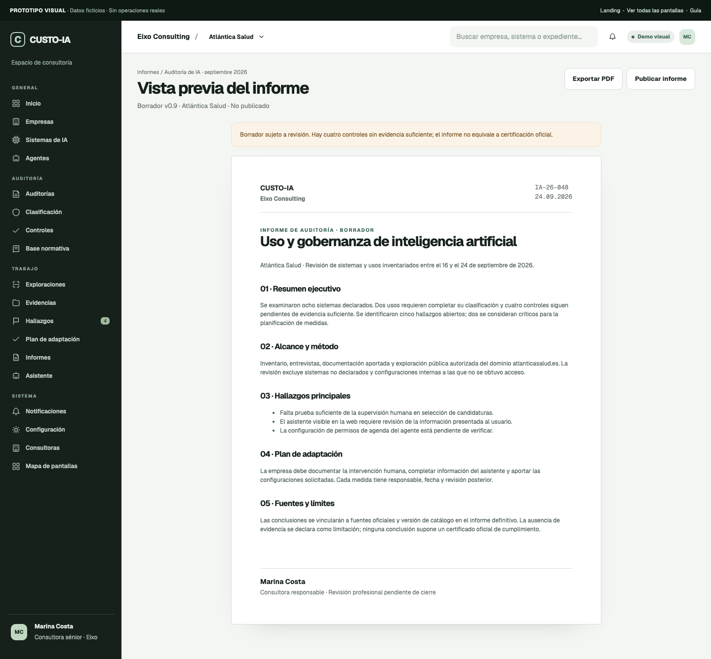 Prototipo de informe con alcance, evidencias y revisión profesional
