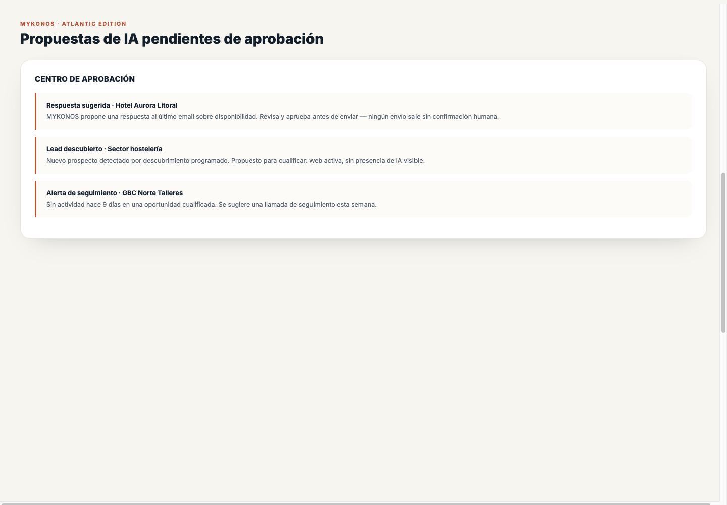 Propuestas de IA pendientes de aprobación en MYKONOS