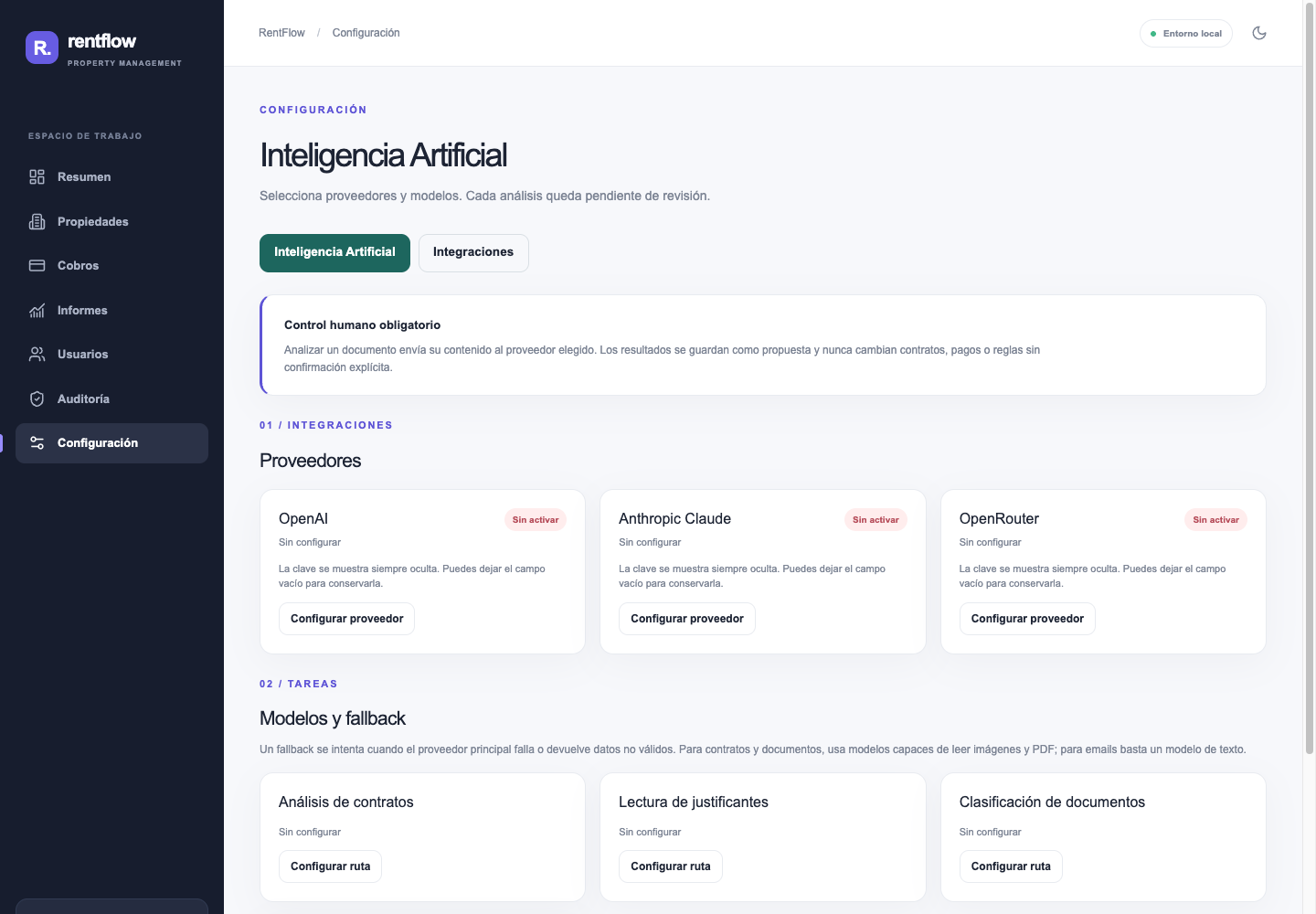 Configuración de Inteligencia Artificial de RentFlow con control humano obligatorio