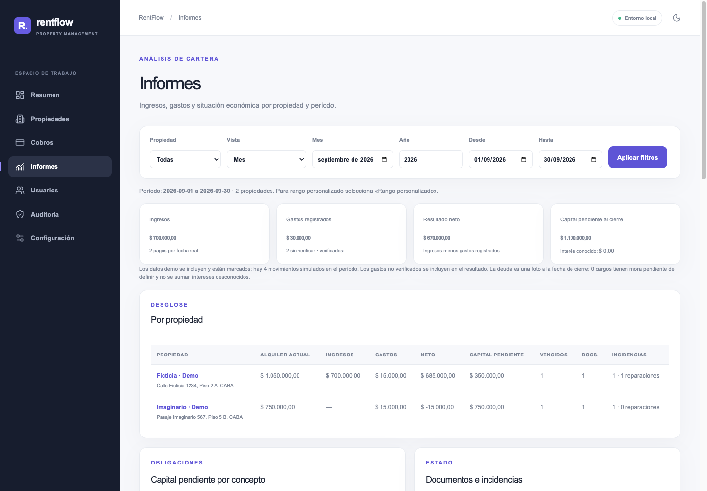 Informe de RentFlow con ingresos, gastos y capital pendiente por propiedad